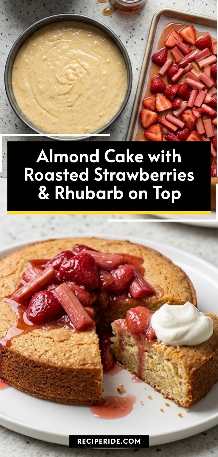 Almond Cake with Roasted Strawberries & Rhubarb on Top