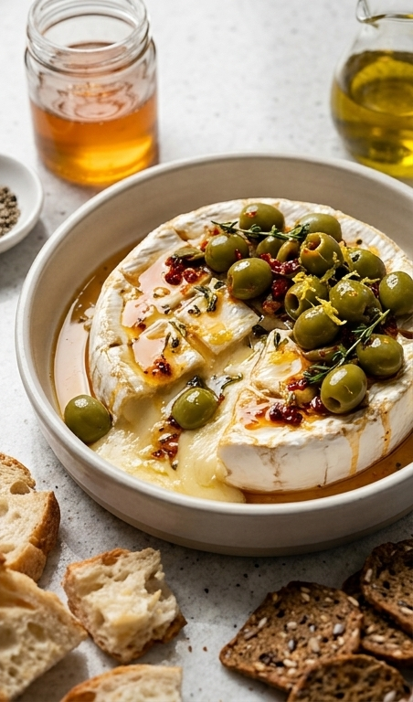 Caramelized-Honey-Baked-Brie-with-Warm-Olives-pin1