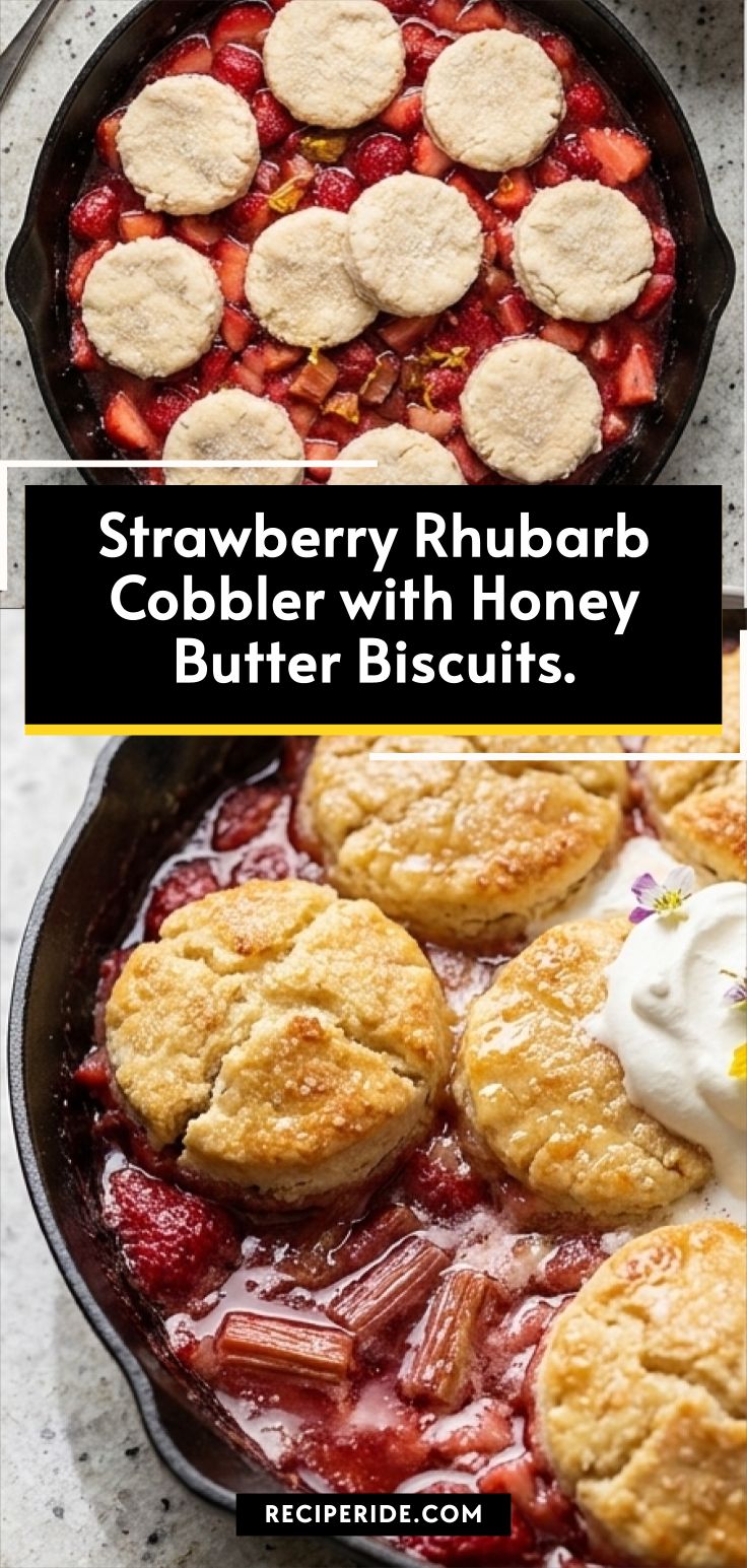 Strawberry Rhubarb Cobbler with Honey Butter Biscuits.